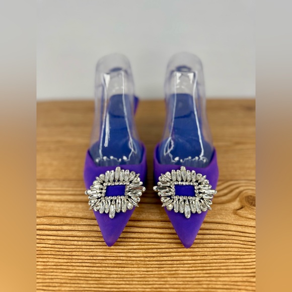 Women’s ZARA Kitten Heels Slingback Purple Rhinestone Pointed Toe Sz 8-8.5 - Picture 1 of 11